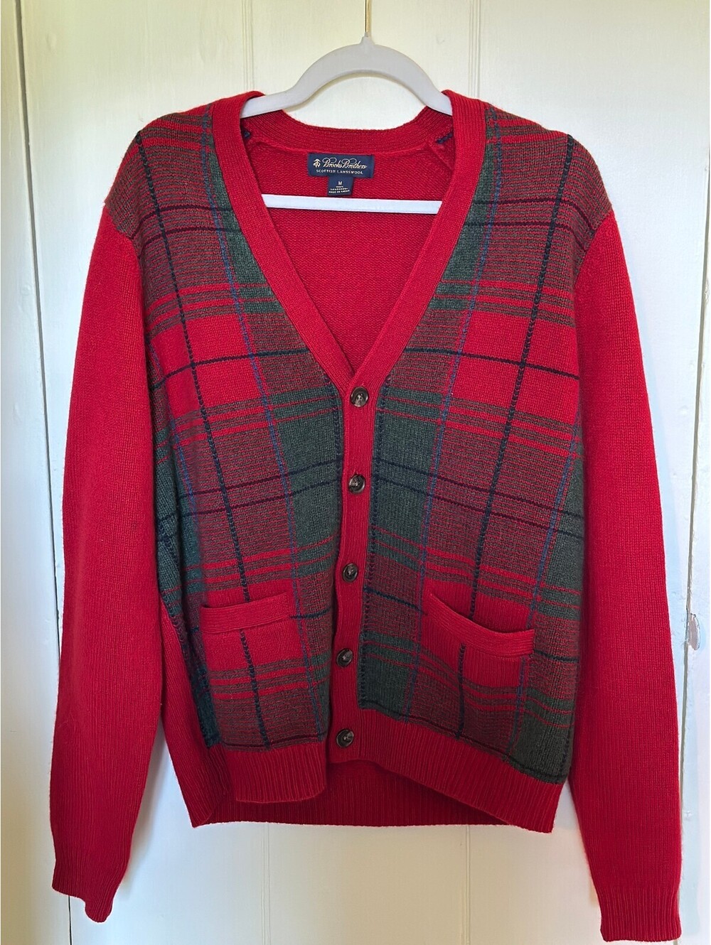 Vintage Brooks Brothers Red Plaid Lambswool Cardigan Pockets V Neck - Size M